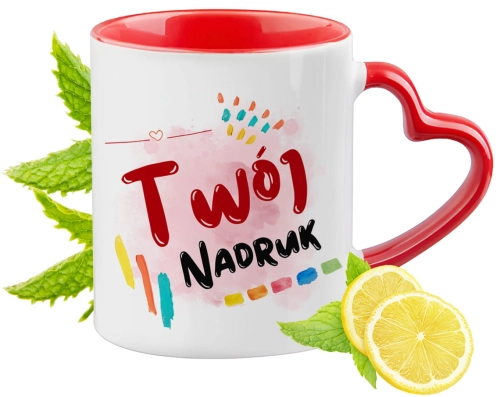 Spersonalizowany czerwony kubek z uszkiem w kształcie serca  z Twoim własnym nadrukiem, zdjęciem, logo!