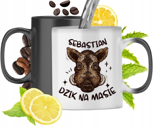 Kubek Magiczny Dla Sebastiana Czarny Matowy z Nadrukiem ze Zdjęciem 330ml