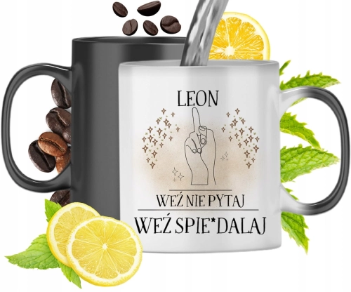 Kubek Magiczny Dla Leona Czarny Matowy z Nadrukiem ze Zdjęciem 330ml