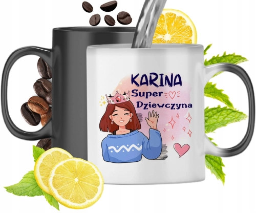 Kubek Magiczny Dla Kariny Czarny Matowy z Nadrukiem ze Zdjęciem 330ml