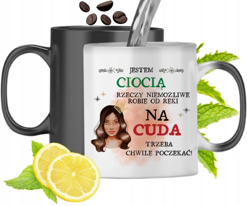 Kubek Magiczny Dla Cioci Czarny Zmieniający Kolor Z Nadrukiem Ze Zdjęciem